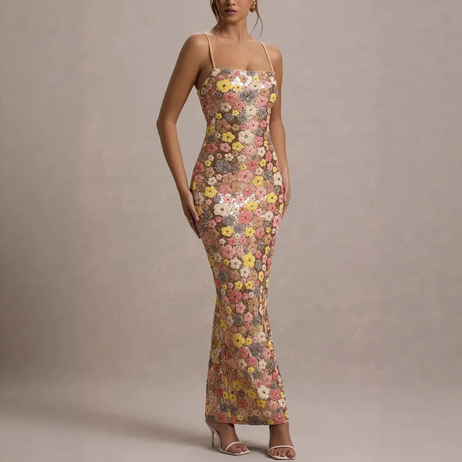 Summ Frauen Blumen Pailletten Flickwerk Enges Festliches Langes Kleid Trägerlos Modisches Maxikleid, Sexy Ärmelloses Damenkleid Kleider