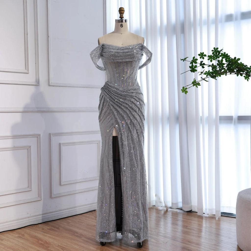 Silver Off Shoulder Mermaid Sparkle Evening Dress for Women Wedding Party Gown