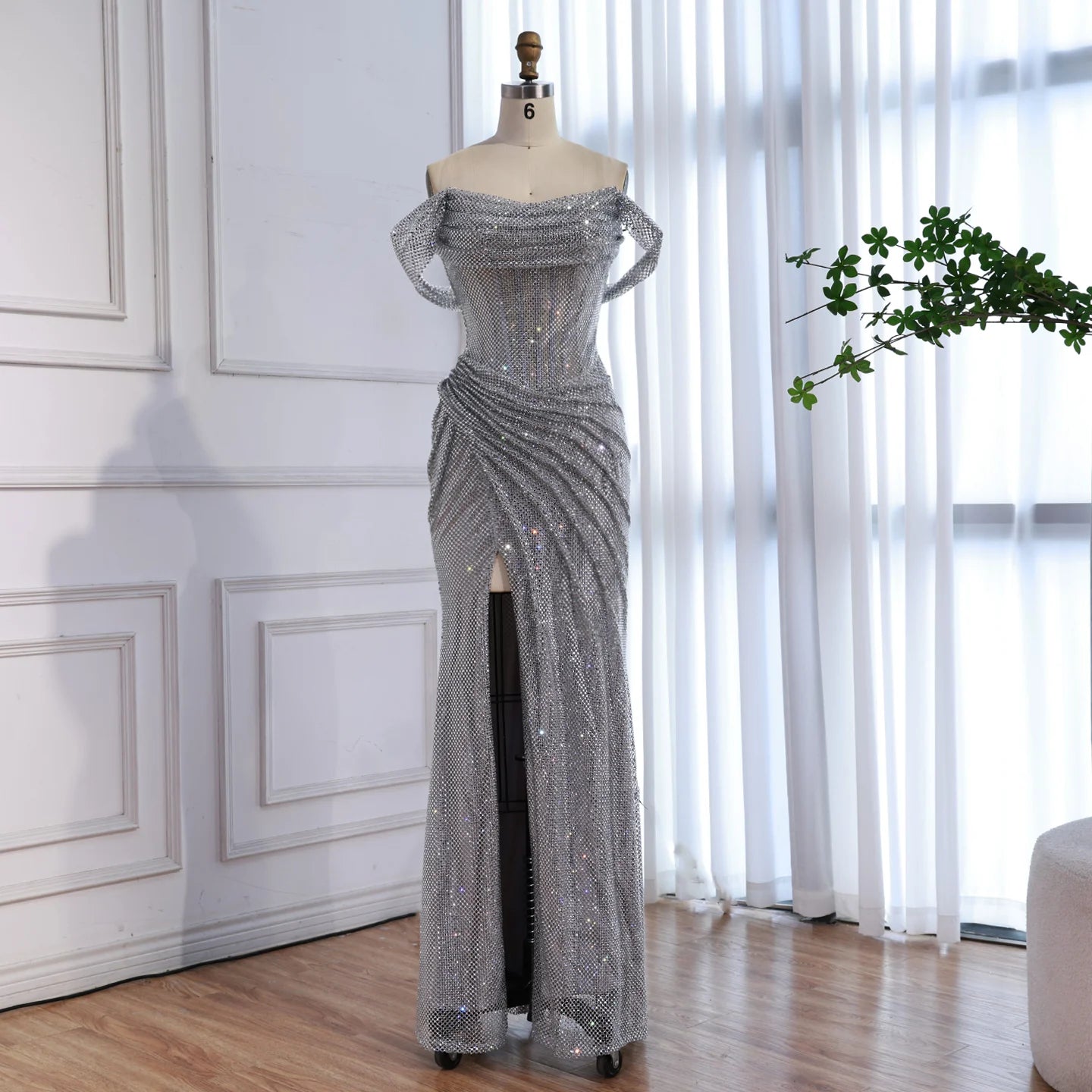 Silver Off Shoulder Mermaid Sparkle Evening Dress for Women Wedding Party Gown