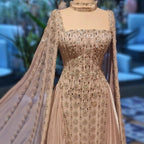 Luxury Beaded Evening Gown Cape Sleeve Square Neck Custom Muslim Wedding Dress