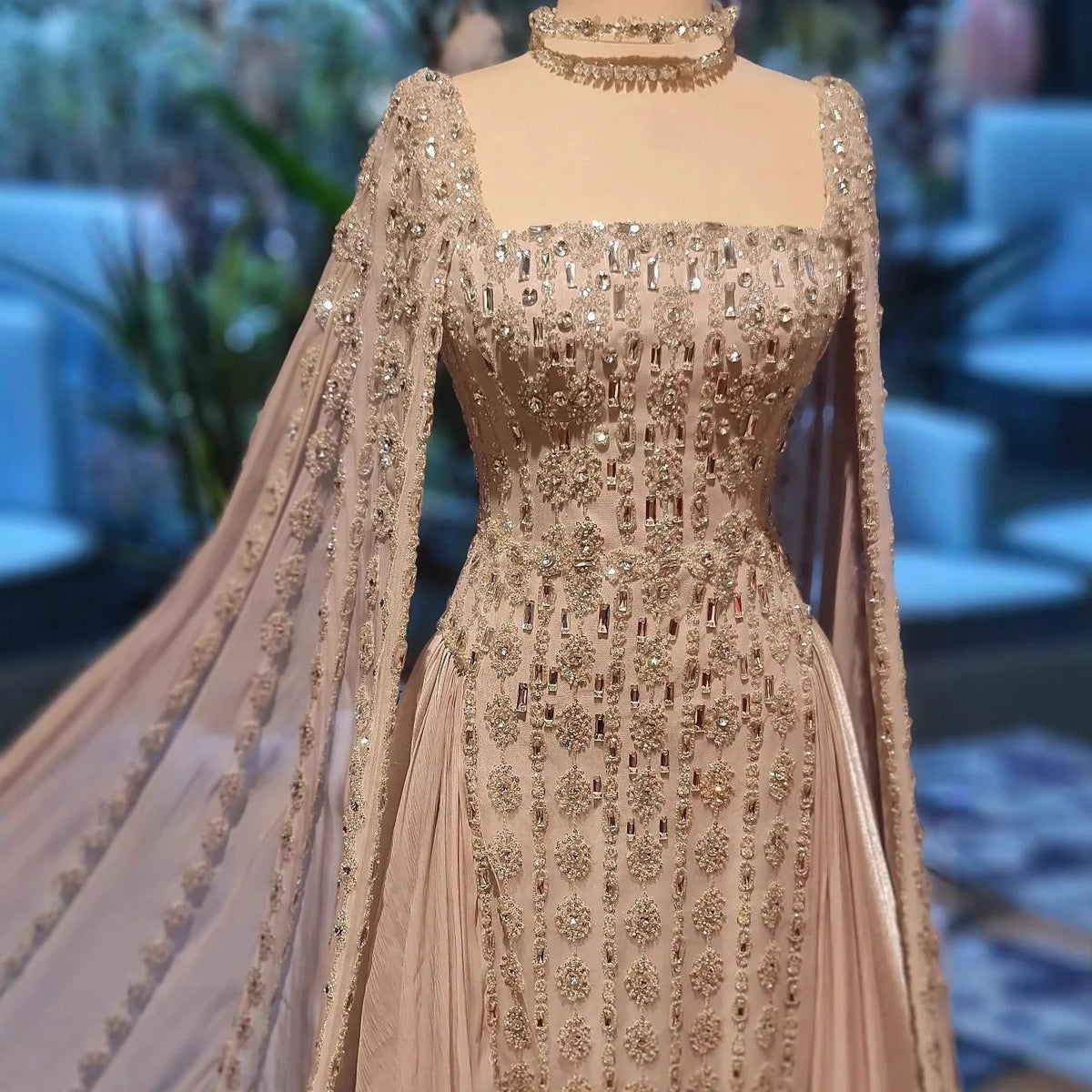 Luxury Beaded Evening Gown Cape Sleeve Square Neck Custom Muslim Wedding Dress