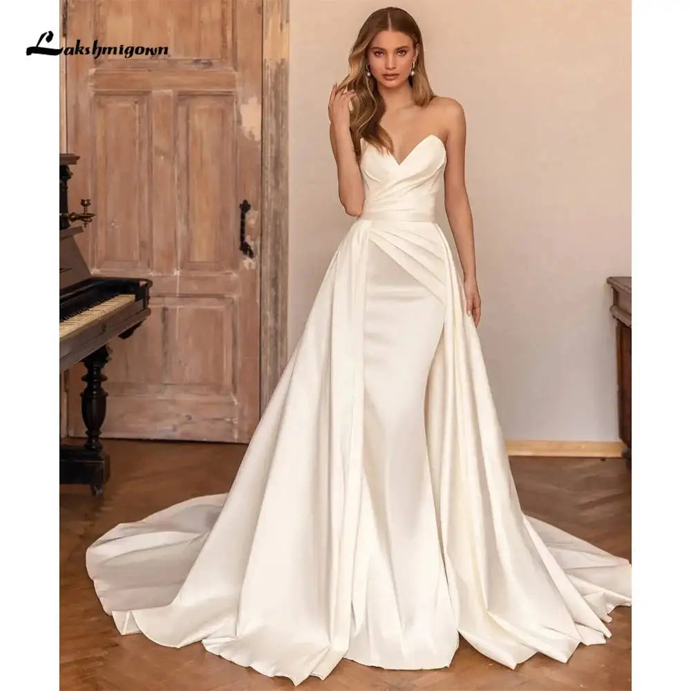 Lakshmigown Luxury Satin Mermaid Wedding Dress Sweetheart Detachable Skirt