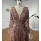 Custom Rose Gold Long Sleeves A Line Beaded Evening Mother Of The Bride Dress