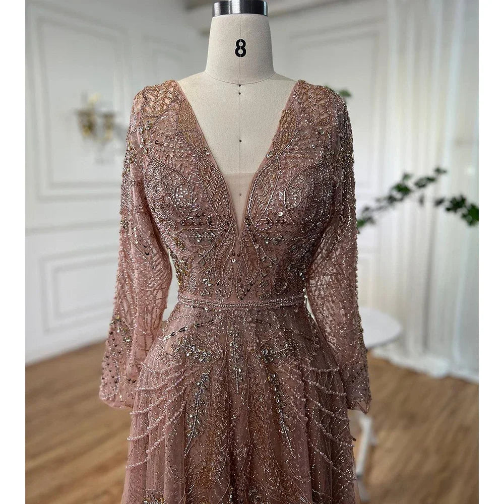 Custom Rose Gold Long Sleeves A Line Beaded Evening Mother Of The Bride Dress