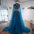 Custom Elegant Modest Blue Beaded Dubai Gown With Cape Sleeves
