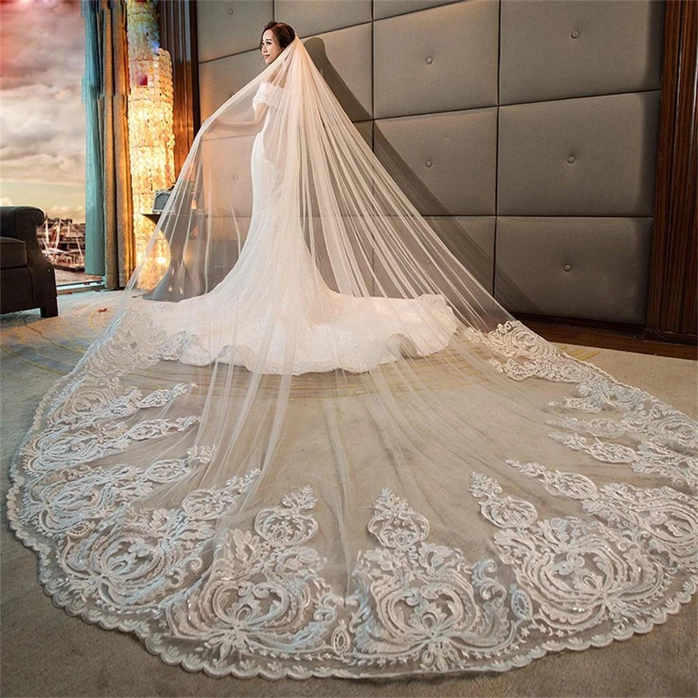 One Layer Ivory Cathedral Bridal Tulle Veil With Metal Comb