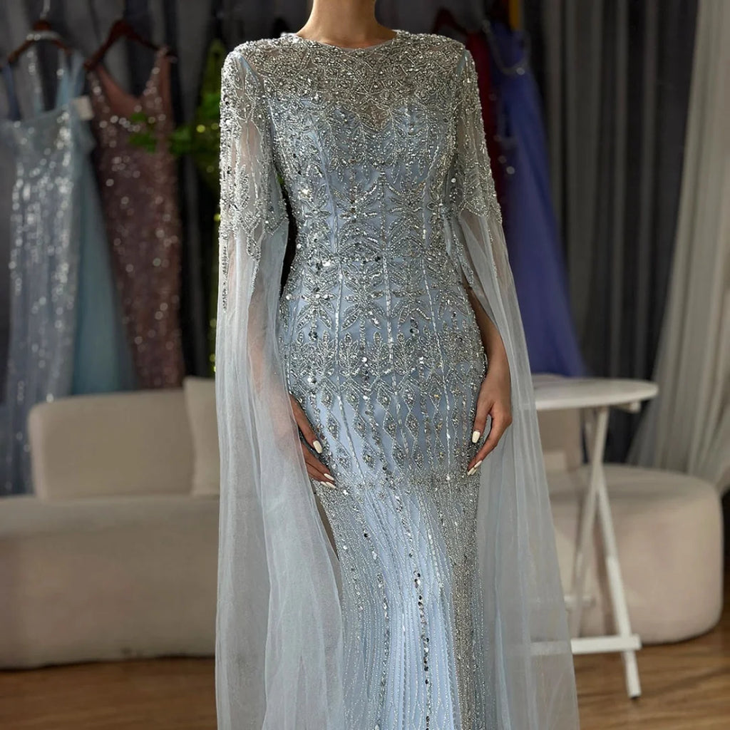 Custom Caramel Mermaid Beaded Evening Gown With Cape Sleeve For Women
