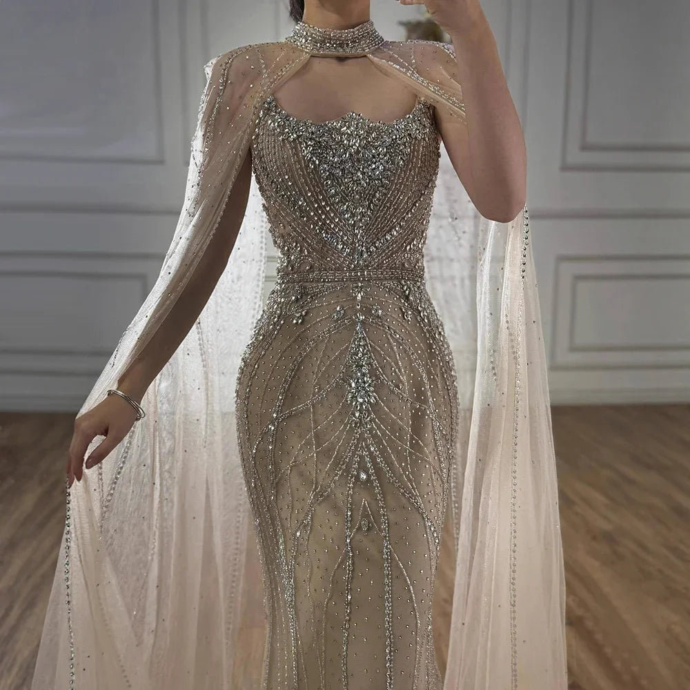 Pink Strapless Mermaid Evening Dress With Cape Beaded Custom Wedding Gown