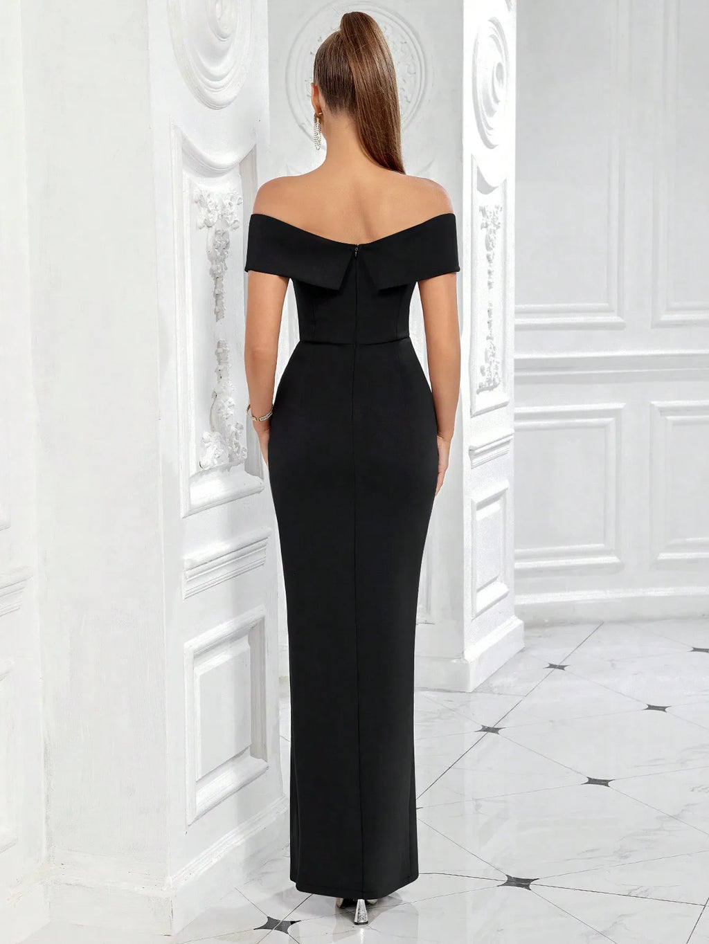 Black Off-Shoulder High Slit Maxi Dress for Evening Party Formal Occasion