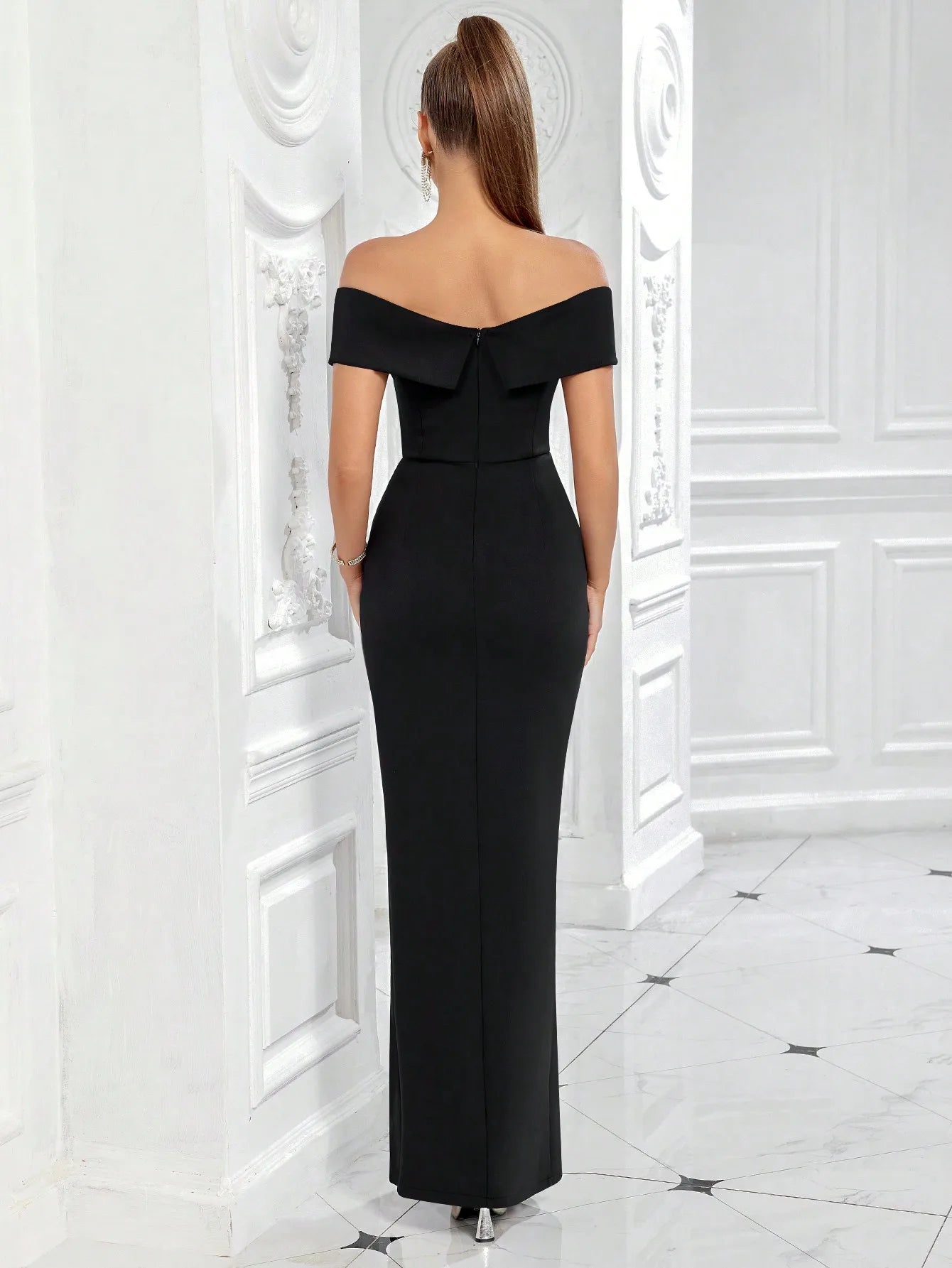 Black Off-Shoulder High Slit Maxi Dress for Evening Party Formal Occasion