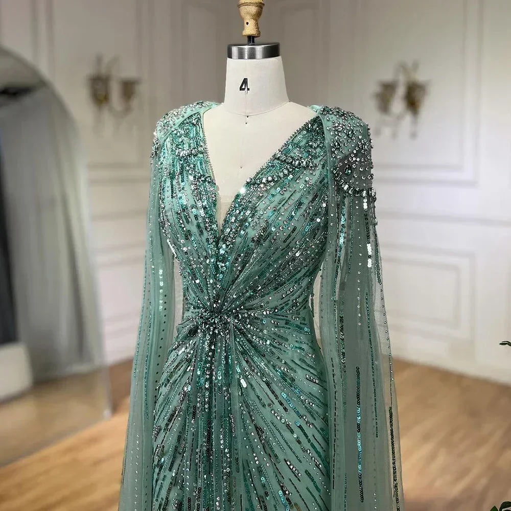 Custom Turquoise Beaded Mermaid Evening Dress With Cape Plus Size Women