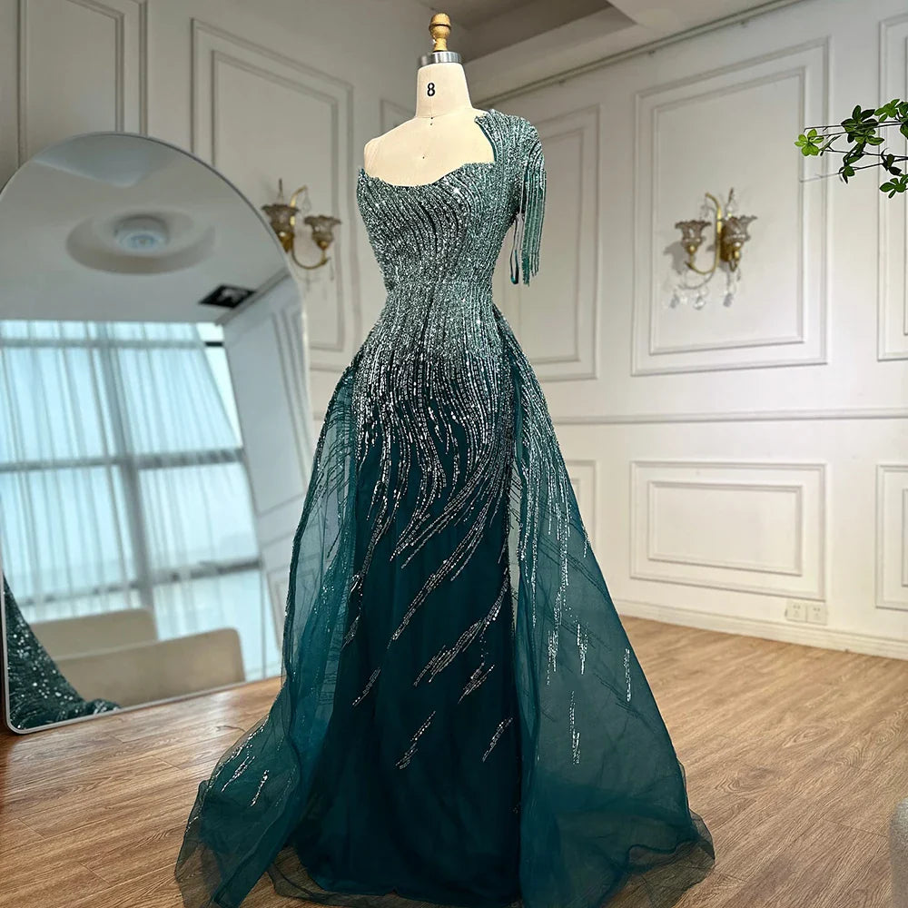 Vestido de noche verde lujoso con sobrefalda LA72979