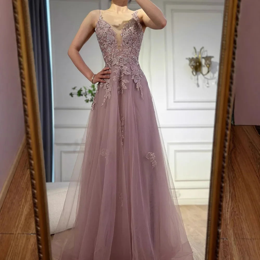 Luxury Sage Green Lace A-Line Prom Dress with Spaghetti Straps LA73005