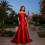 Serene Hill Elegant Red Floral Satin Off Shoulder Evening Gown