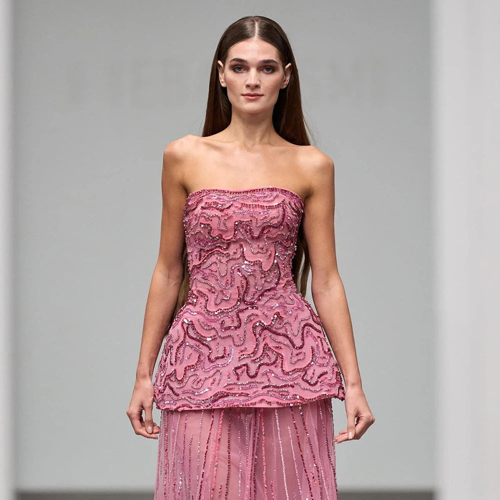 Serene Hill Pink Strapless A Line Two Piece Evening Gown Custom Made