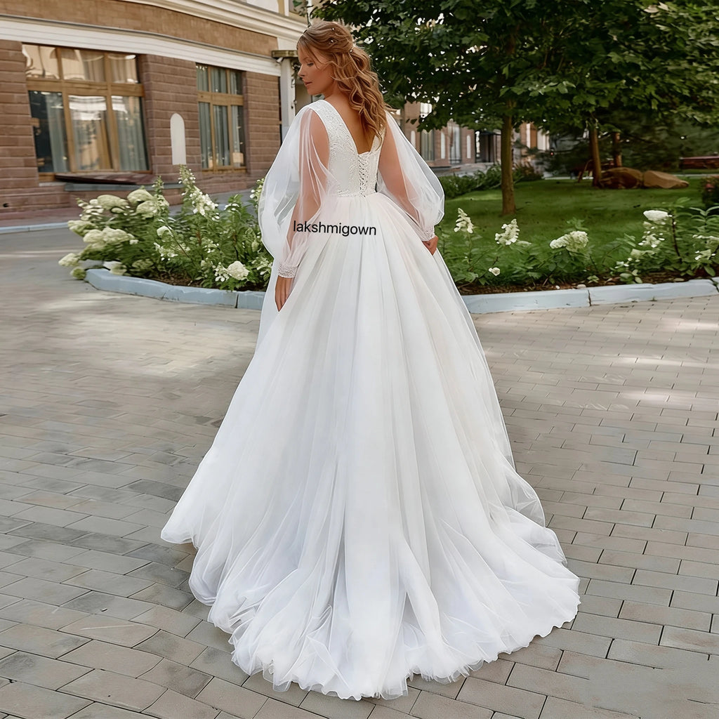 Lakshmigown Plus Size A Line Tulle Wedding Dress With Puff Sleeves V Neck