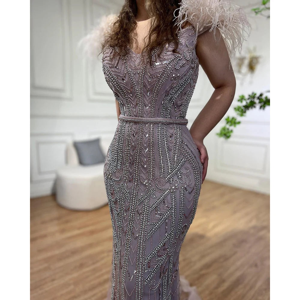 Custom Lilac Feather Beaded Mermaid Evening Dress 2025 Elegant Party Gown Women