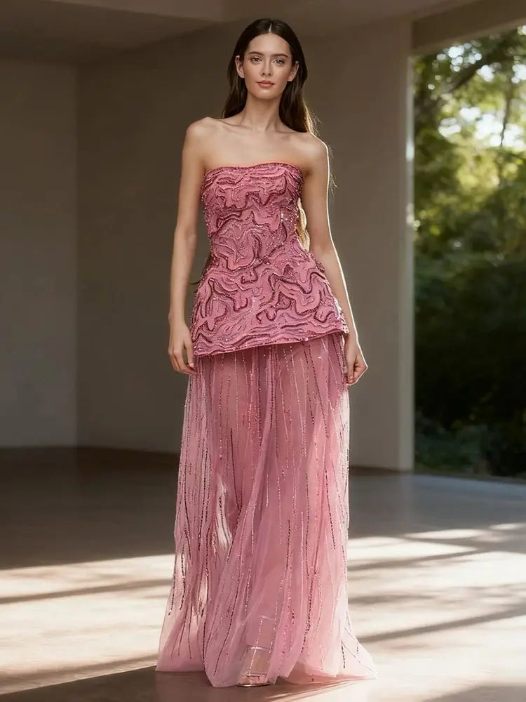 Serene Hill Pink Strapless A Line Two Piece Evening Gown Custom Made