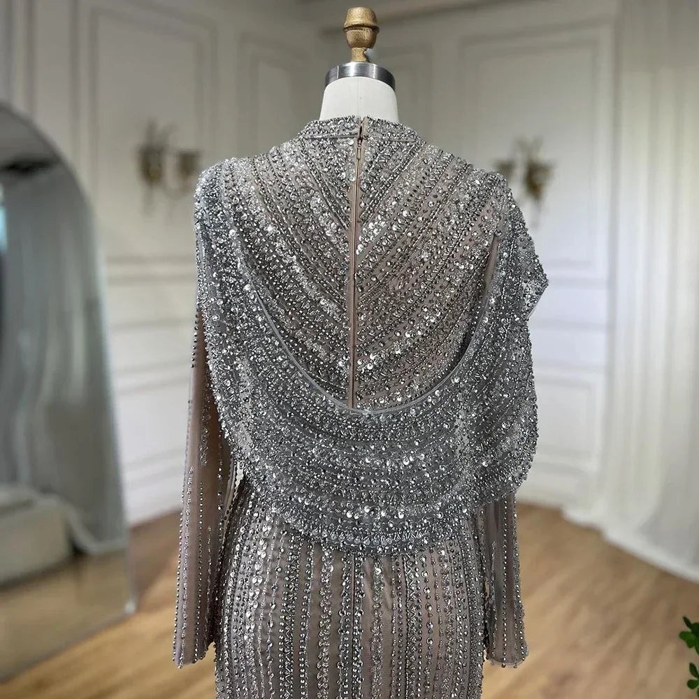 Elegant Mermaid Beaded Evening Gown Sparkle Silver Nude Custom Party Dress