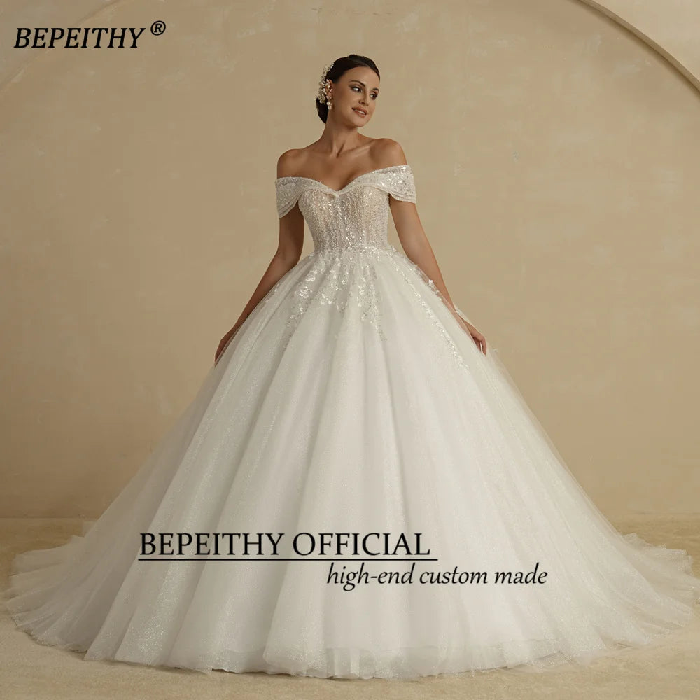 Customized Plus Size Off Shoulder Glitter Princess Ball Wedding Dress