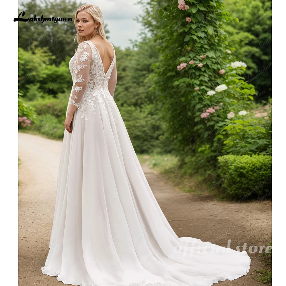 Custom Plus Size Wedding Dress Long Sleeves A Line Lace Applique Gown