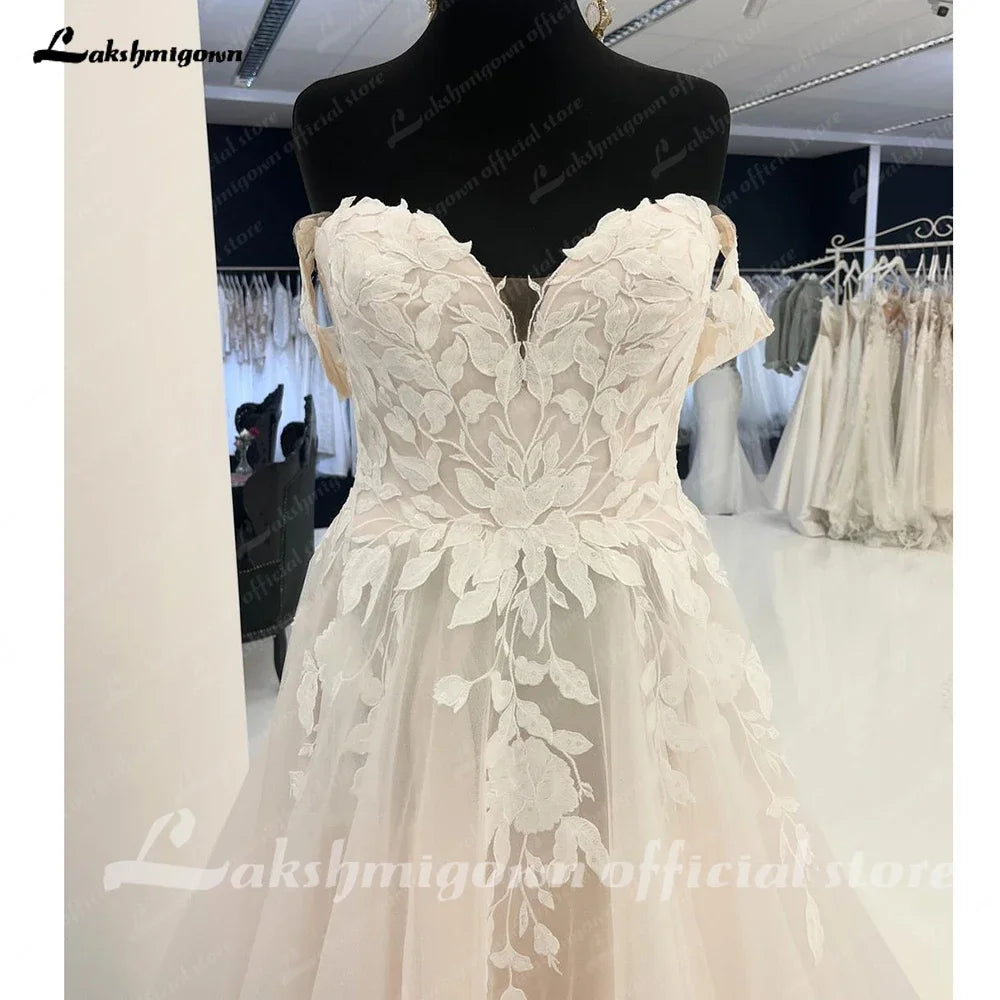 Custom Off Shoulder Wedding Gown With Lace Appliques And Cap Sleeve