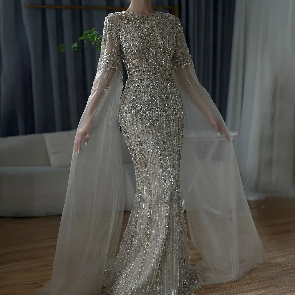 Custom Caramel Mermaid Beaded Evening Gown With Cape Sleeve For Women