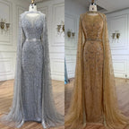 Gray Arabic Mermaid Beaded Evening Dress With Detachable Cape