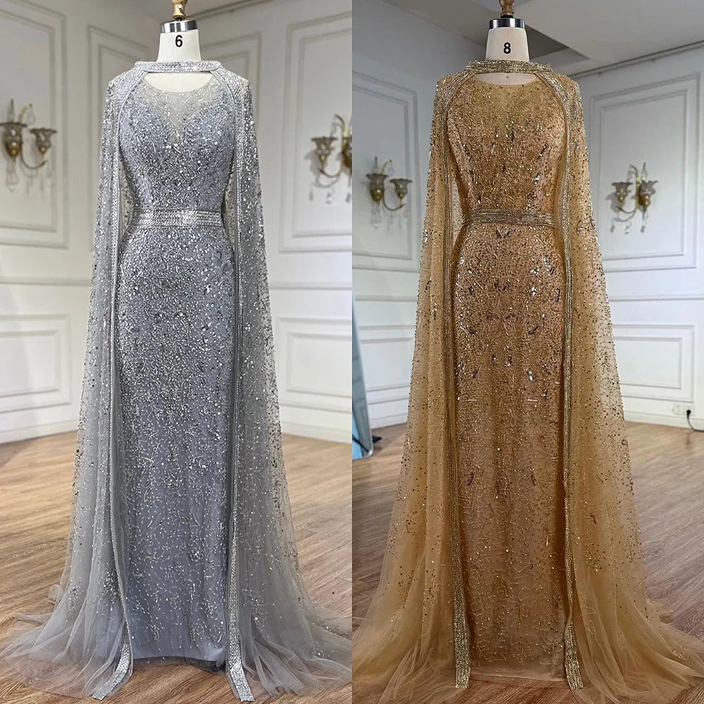 Gray Arabic Mermaid Beaded Evening Dress With Detachable Cape