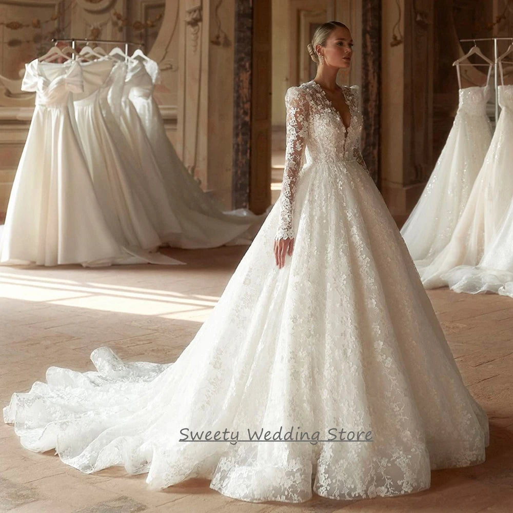 Custom A Line Lace Wedding Dress Long Sleeves V Neck Court Train Bridal Gown