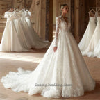 Custom A Line Lace Wedding Dress Long Sleeves V Neck Court Train Bridal Gown