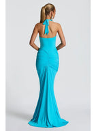 Deep V Neck Draped Ruched Sexy Maxi Dress Women Summer Fashion Halter Sleeveless Backless Club Party Long Dress Elegant BM98