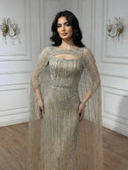 Luxury Blue Diamond Evening Dress With Cape LA73426