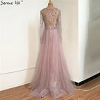 Serene Hill Lilac V-Neck Long Sleeves Mermaid Beaded Evening Dress Detachable Overskirt Party Gown for Women DLA70341