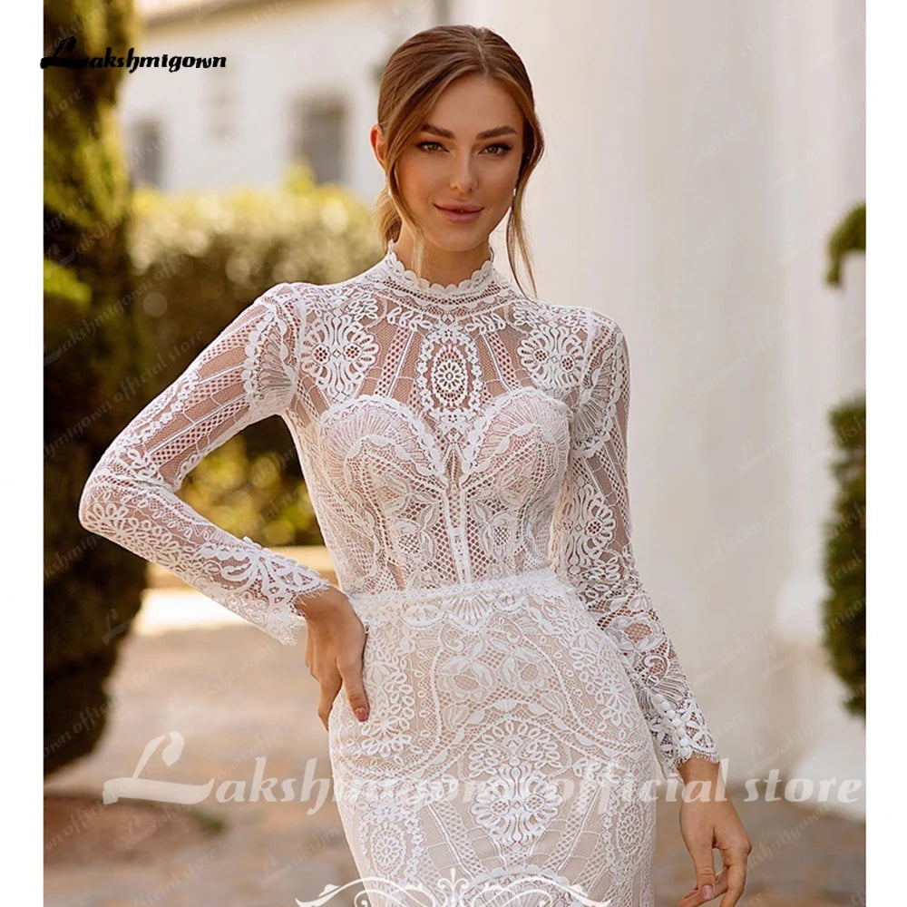 Custom Mermaid Wedding Dress Lace High Neck Long Sleeves Bridal Gown For Women