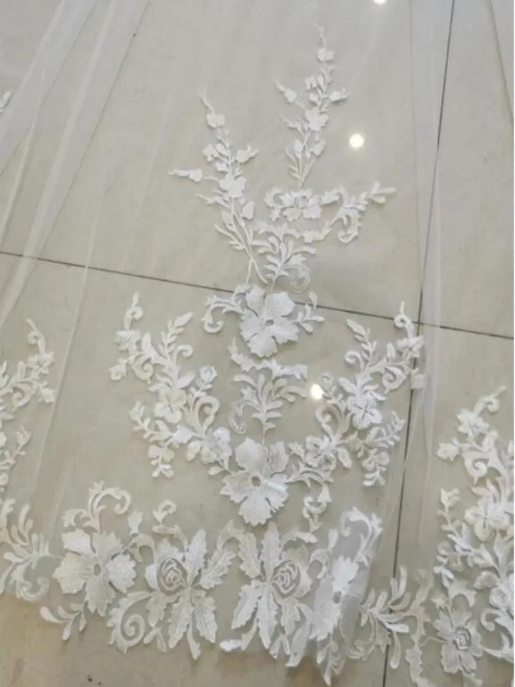 Ivory One Layer Cathedral Wedding Veil With Lace Appliqued Edge