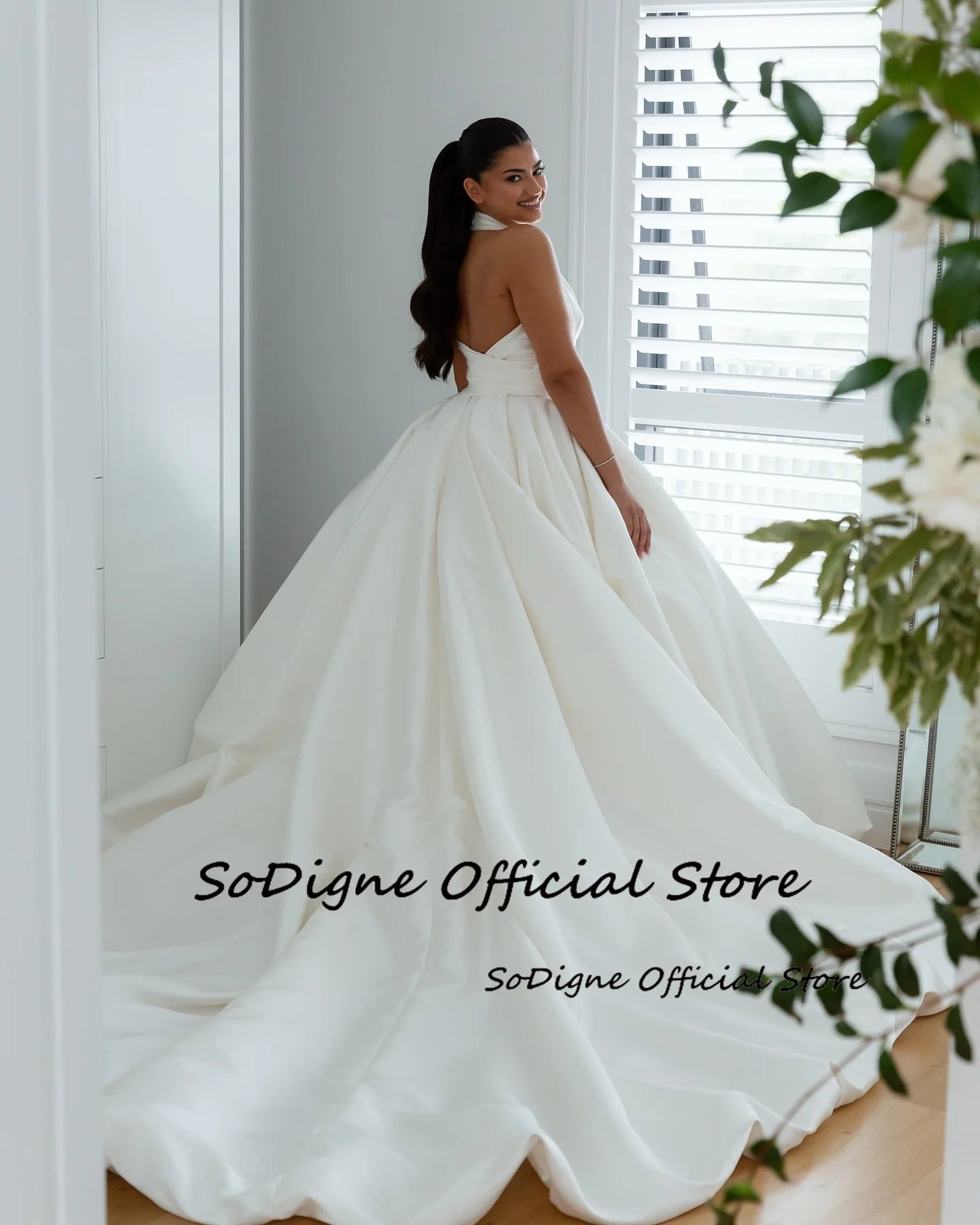 Custom Satin A Line Wedding Dress Sleeveless Halter Bridal Gown Long