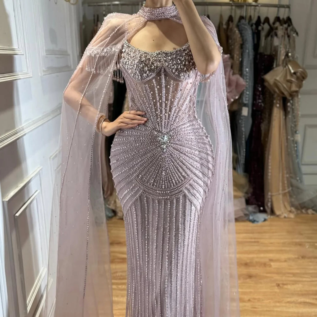 Serene Hill Pearl Beaded Caramel Mermaid Evening Dress With Sheer Cape Custom