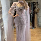 Serene Hill Pearl Beaded Caramel Mermaid Evening Dress With Sheer Cape Custom