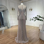 Customized Nude Long Sleeves Beaded Evening Dress With Pearl Gown For Women
