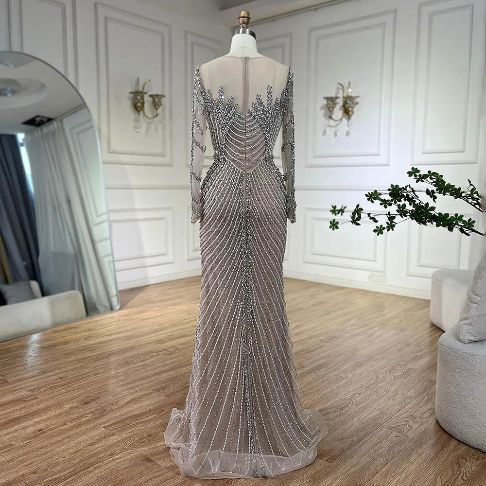 Customized Nude Long Sleeves Beaded Evening Dress With Pearl Gown For Women