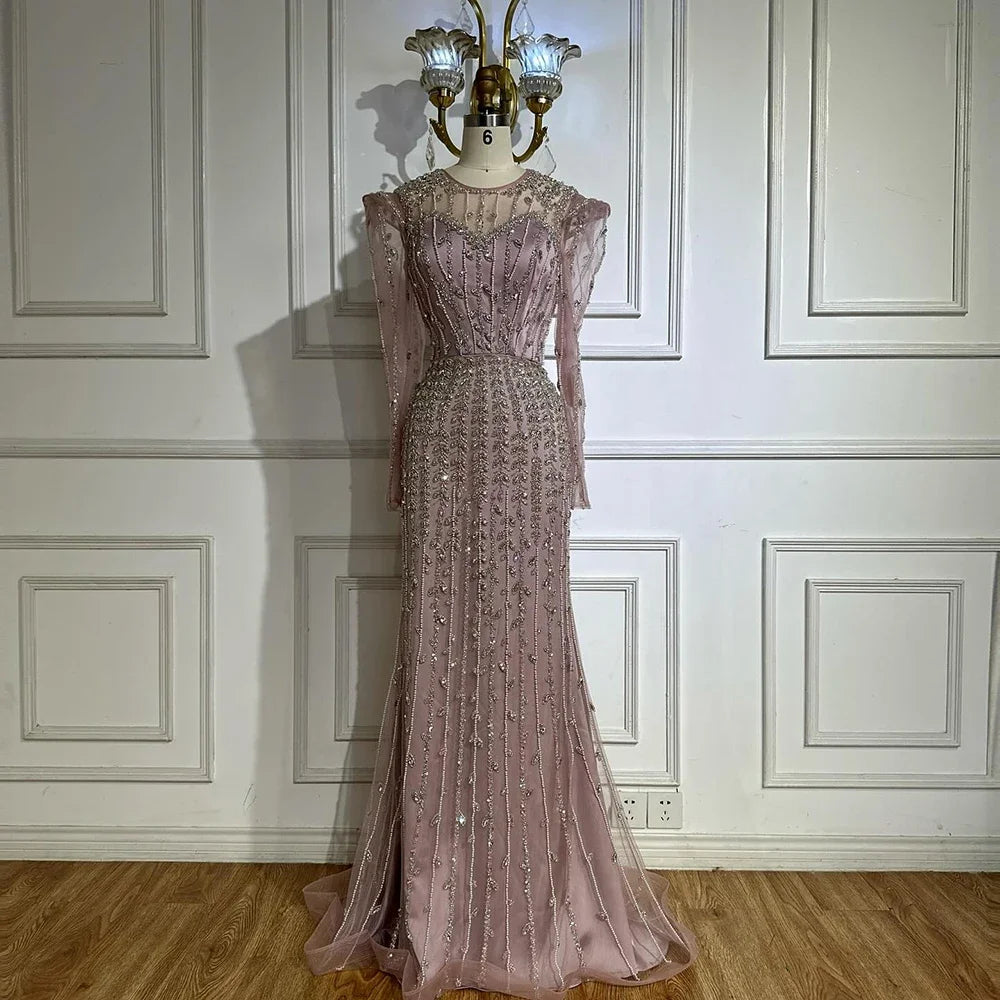 Serene Hill Luxury Pink Mermaid Beaded Pearl Customized Evening Gown
