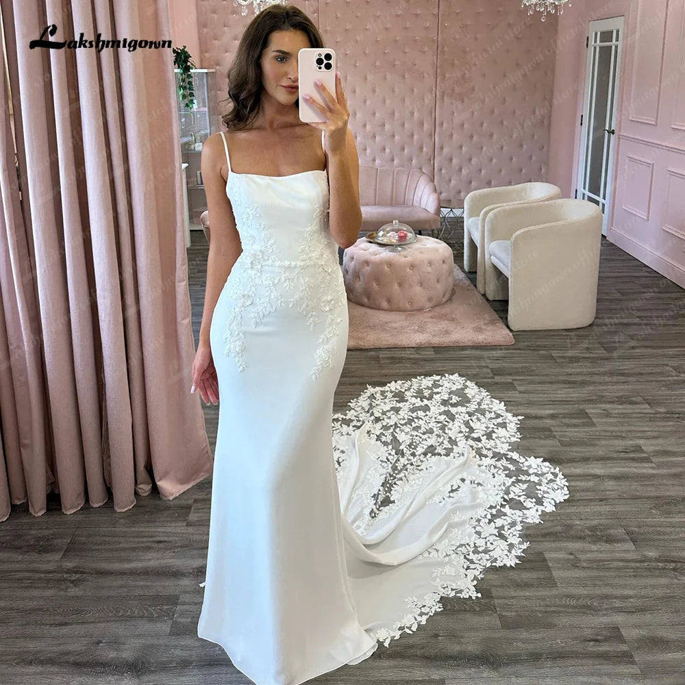 Custom Open Back Satin Mermaid Wedding Dress With Spaghetti Straps For Bride
