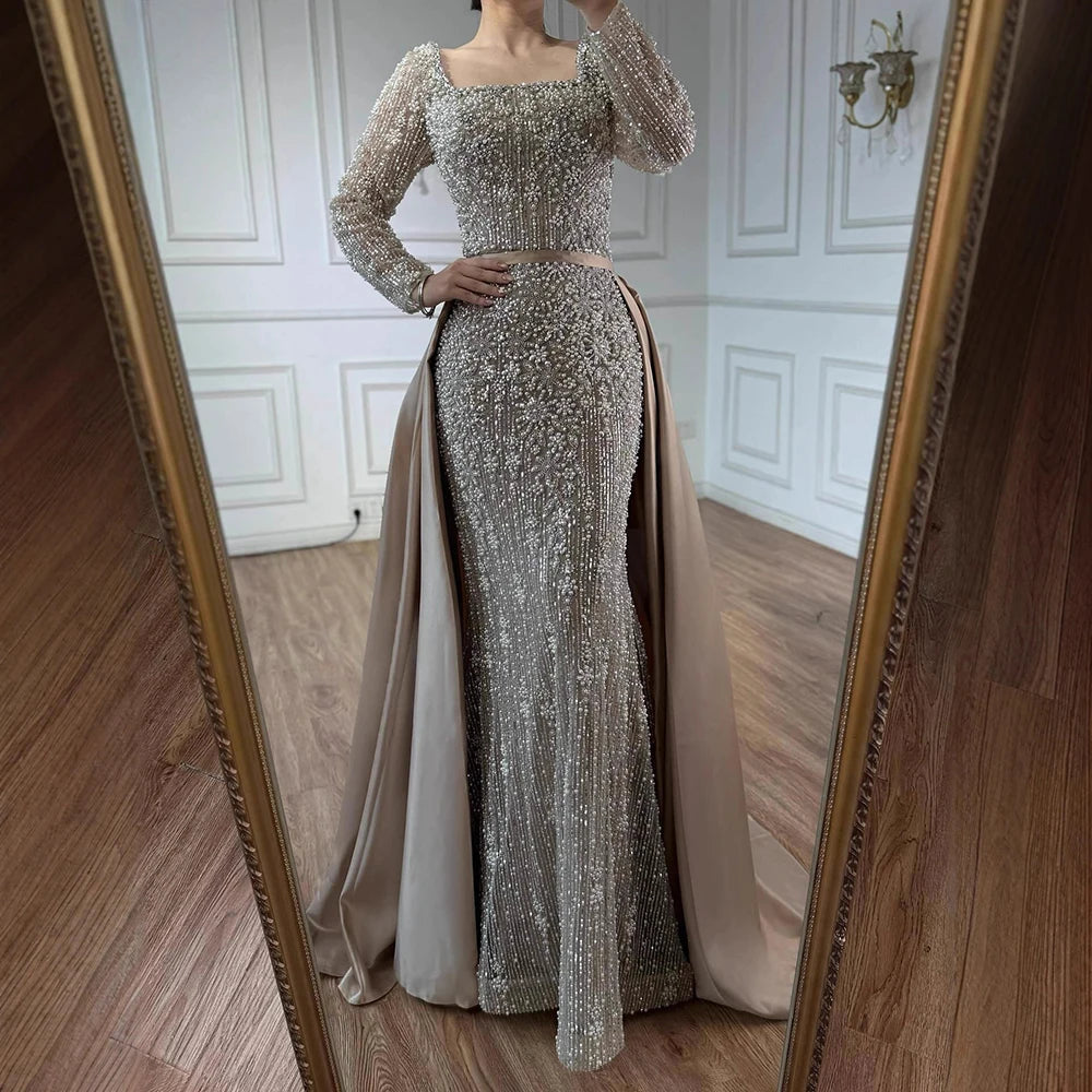 Serene Hill Turquoise Square Collar Mermaid Evening Dress With Long Sleeves