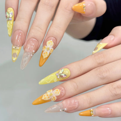 10 uñas postizas francesas hechas a mano, color naranja vitalidad, con diseño de flor de huevo tallada en 3D, largas, estilo ballet, para verano. 
