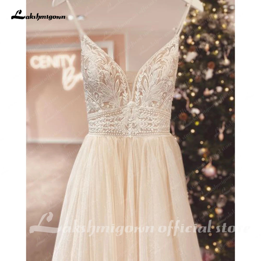 Custom Champagne Boho Wedding Dress For Women Spaghetti Strap Bridal Gown