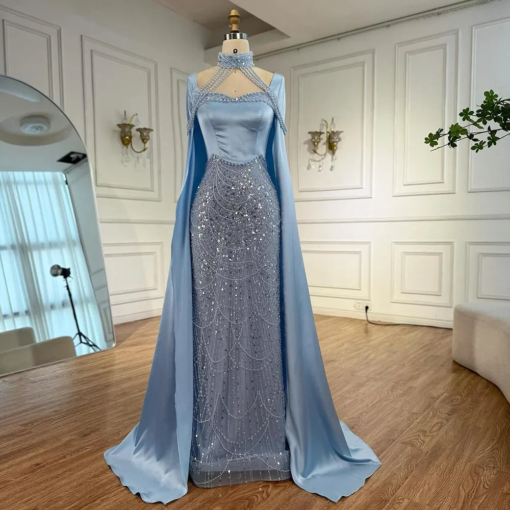 Blue Pearl Beaded Mermaid Evening Dress With Cape For Women Customized