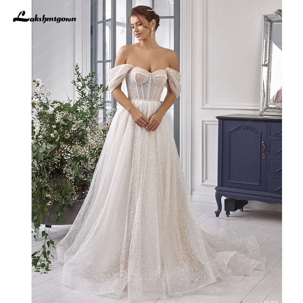 Customized Luxury Boat Neck Wedding Dress Bohemian Floor Length Gown