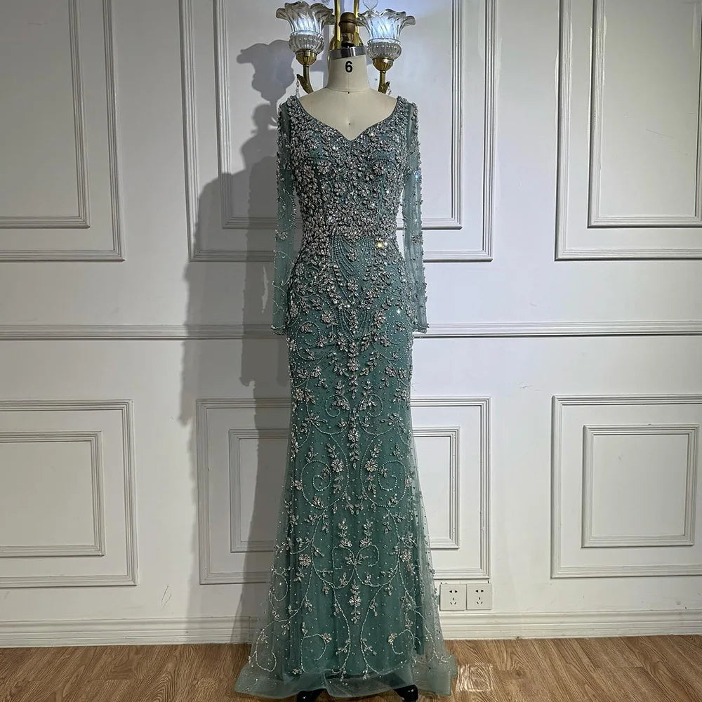 Serene Hill Turquoise Beaded Mermaid Long Sleeve Evening Gown