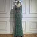 Serene Hill Turquoise Beaded Mermaid Long Sleeve Evening Gown